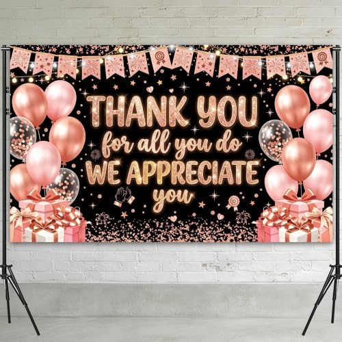 Appreciate You Banner Decorations, Pink Silver Thank You for All You Do Backdrop Banner, Reusable Anti-Tear Fabric Background with 6-Meter Hanging Rope, Office Employee Staff Teacher Appreciation Party Supplies 71x43Inch - Image 5