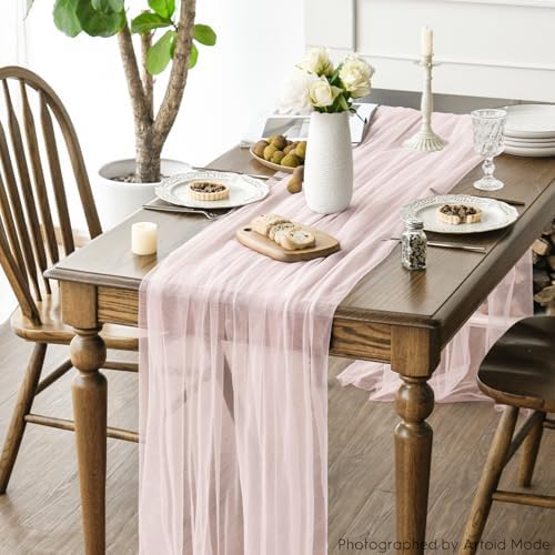 Artoid Mode 3PCS Blushing Pink Gauze Table Runner 120 Inch 10FT, Seasonal Sheer Kitchen Dining Holiday Wedding Birthday Baby Shower Table Decor for Home Party - Image 5