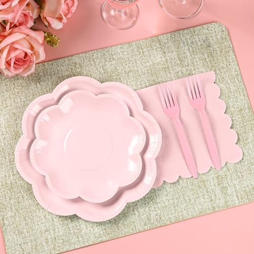 96 Pcs Pink Paper Plates and Napkins Set Pink Party supplies for 24 Guest Including Scalloped Disposable Dessert Paper Plates Napkins Plastic Forks for Baby Shower Mother's Day Wedding Easter - Image 4