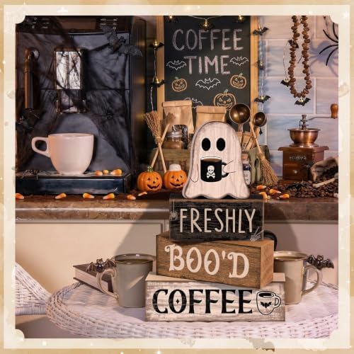 Moucuny 4 Pcs Halloween Coffee Table Decorations Ghost Stacked Wooden Decor - Image 5