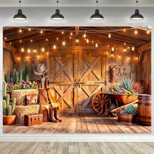 Western Cowboy Barn Wooden Door Backdrop Rustic Farm Hay Cactus Country Farmhouse Photography Background for Party Birthday Portrait Photo Booth Decor 6x6 FT - Image 3