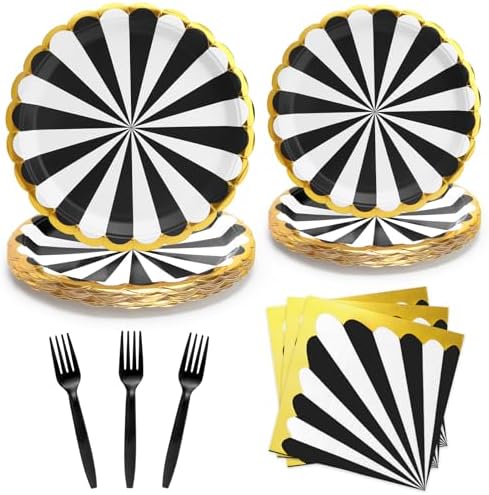 96PCS Black Party Paper Plates with Gold Scalloped Edge, Black Scalloped 9inch 7inch Dessert Paper Plates Party Supplies for Birthday Bridal Shower Picnic, Serve for 24 Guests, Striped by WelcometoUVTQSSP