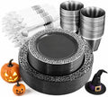 NOCCUR 210PCS Black and Silver Dinnerware Set for 30 Guests - Black Plastic Plates with Silver Rim Include 30 Dinner / 30 Dessert Plates, 30 Prewrapped Silverware, 30 Cups Ideal for Party/Graduation by NOCCUR