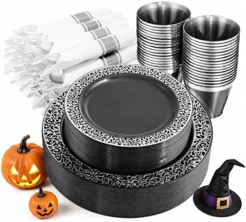NOCCUR 210PCS Black and Silver Dinnerware Set for 30 Guests - Black Plastic Plates with Silver Rim Include 30 Dinner / 30 Dessert Plates, 30 Prewrapped Silverware, 30 Cups Ideal for Party/Graduation by NOCCUR