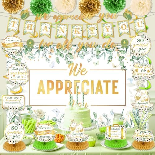 We Appreciate You Party Decorations Sage Green Gold Thank You for All You Do Banner Honeycomb Centerpieces Hanging Swirls Kit for Office Employee Pastor Teacher Doctor Appreciation Party Gift Decor - Image 2