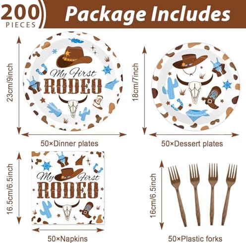 50 Guests My First Rodeo Birthday Party Supplies Decoration 1st Rodeo Party Birthday Plates and Napkins Forks Western Cowboy Tableware My First Rodeo Paper Plates for Boy Baby Shower Party 200PCS - Image 2