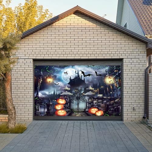 Halloween Castle Backdrop Stacked Pumpkins Lantern Iron Gate Vintage Vampire Street Lamp Flying Witch Bats Magic Full Moon Photography Background Photo Booth Studio Props 9x6ft - Image 4
