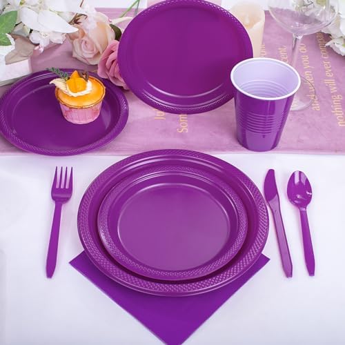 WELLIFE 210Pcs Purple Plastic Plates,Party Plates and Cups and Napkins Sets - Image 5