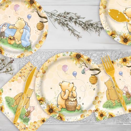 140pcs Classic Bear Baby Shower Decorations Baby Shower Party Tableware with Plates, Napkin, Forks, Cups for Birthday Party Supplies Set Serves 20 Guests (Yellow) - Image 6