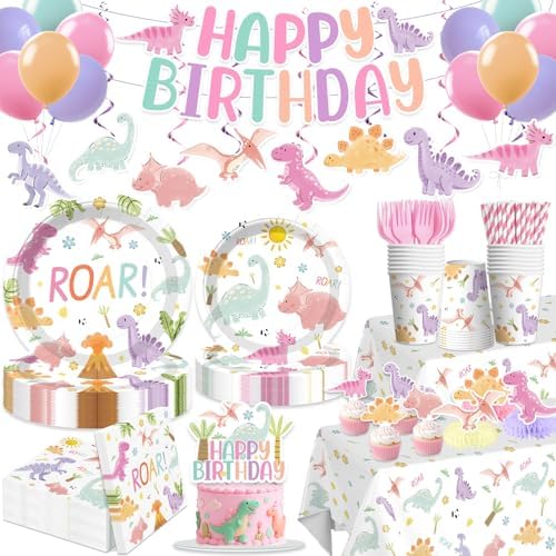 Xynic 363 pcs Pastel Dinosaur Birthday Decorations Girl, Plates Serves 50 by Unknown