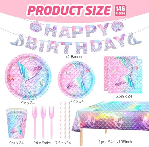 146Pcs Mermaid Plates and Napkins mermaid Party Supplies Includes Plates, Napkin, Fork, Cup, Straw, Tablecloth, Banner for Baby Shower Ocean Birthday Party Decorations, Serves 24 (Mermaid) - Image 4