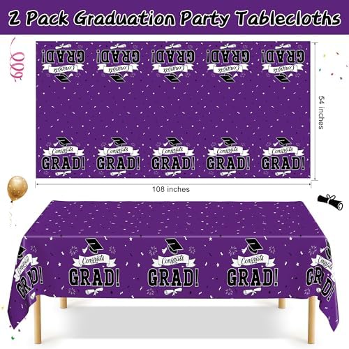2 Pcs Graduation Tablecloth, 108" X 54" Plastic Graduation Decorations 2026, Rectangle Purple Table Cover for Grad Decor Party Supplies, Disposable Tablecover for Class of 2026 Congrats Grad for Kids - Image 2