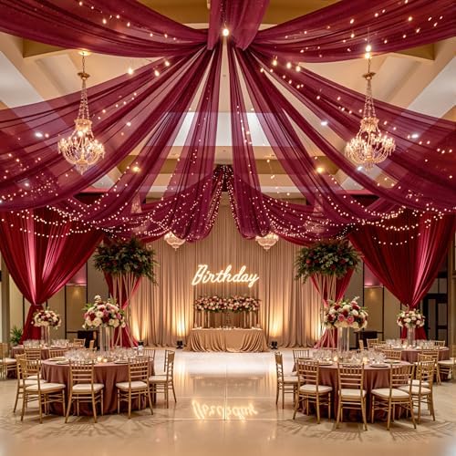 12 Panels Burgundy Ceiling Curtains with Lights for Weddings - 5ftx10ft Wrinkle-Free Tulle Fabric Wedding Arch Draping Ceiling Drapes Decorations for Wedding Party Ceremony Stage Tent Event - Image 2