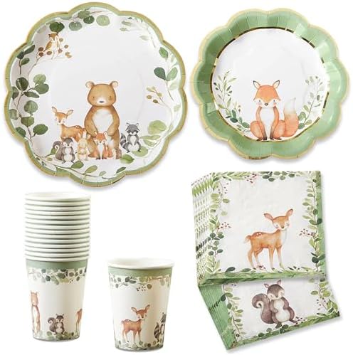 Kate Aspen Woodland Baby Shower Decorations - 78-Piece Baby Shower Plates and Napkins Set with Cups for 16 Guests - Gender Reveal Decorations Forest Animal Theme Party Supplies and Table Decor by KateAspen