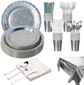 201-piece disposable party tableware set with paper plates, cups, napkins, straws, tablecloths, plastic knives, forks and spoons for a variety of party occasions for up to 25 people (Silver Star) by Unknown