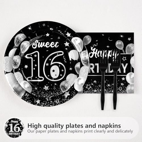Grencian 96 Pcs Silver Black 16th Birthday Party Decorations, Serves 24 - Image 6