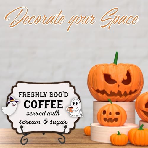 Halloween Table Sign 5x7 Inch Ghost Decor, Rustic Party Centerpiece with Metal Stand & 2 DIY Stickable Wood Decor, Freshly Bood Coffee Table Decoration for Home & Party Display - B06 - Image 3