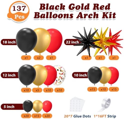 LOOLEY 137Pcs Red Black Gold Balloons Garland Arch Kit with Stars - 5 10 12 18 inch Red Black Gold Confetti Latex Balloons for Graduation Hollywood Casino Theme Party Decorations - Image 3