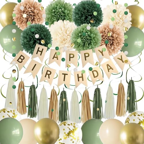 Green Birthday Party Decorations for Women Girls with Happy Birthday Banner,Tissue Paper Pompoms, Paper Tassel,Circle Garland,Hanging Swirl,Decorations Balloons for Party Decor (sage green) by KEHAOMY
