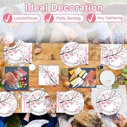 Qyeahkj 100 PCS Cherry Blossom Party Supplies Set Cherry Blossom Plates and Napkins Japanese Disposable Paper Party Tableware Forks Packs Decorations for Hibachi Spring Birthday Decoration Serve 25 - Image 6