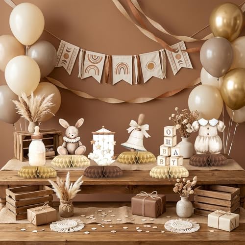 12 Pcs Neutral Baby Shower Decorations - Vintage Boho Baby Shower Centerpieces for Tables - Neutral Honeycomb Table Decor with Baby Essentials Teddy Bear Elephant for Baby Shower 1st Birthday - Image 5