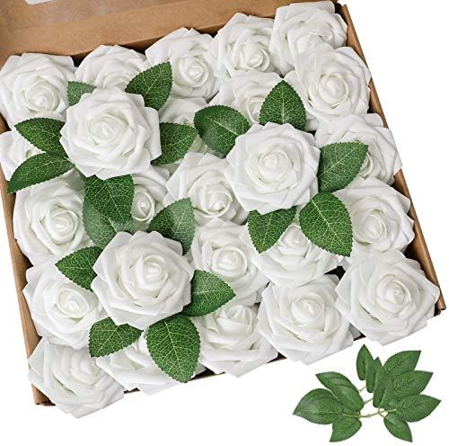AmyHomie White Rose 50pcs Real Looking Artificial Flowers w/Stem by AmyHomie