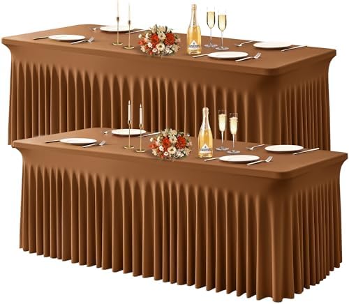 Wish Care 2 Pack Brown Spandex Table Clothes for 8 Foot Rectangle Tables, 8FT Wrinkle Free Fitted Tablecloths Ruffles Design Table Cover for Party, Banquet, Wedding and Events by WishCare