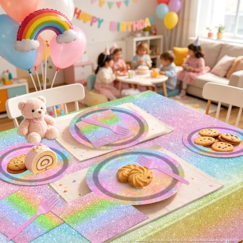 Iridescent Glitter Rainbow Party Supplies for 20 Guests, Disposable Holographic Glitter Pastel Tableware Set Includes Plates, Napkins, Forks, Tablecloth for Girls Birthday Party Decorations - Image 5