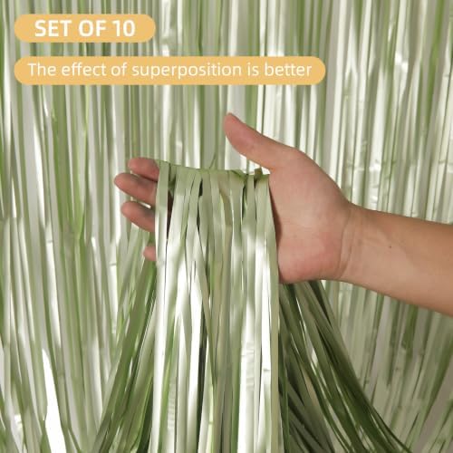 10 Pack Sage Green Foil Curtain Backdrop 3.2ft x 9.8ft Metallic Tinsel Foil Fringe Curtains Streamer Backdrop for Birthday Party Halloween Christmas New Year Party Supply (Matte Sage Green) - Image 2