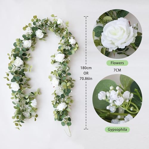 Anna's Whimsy 5.91FT Artificial Eucalyptus Garland with Flowers, Fake Flower Rose Gypsophila, Faux Floral Greenery Garland for Wedding Spring Home Party Craft Art Table Runner Decor - Image 3