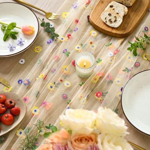 Artoid Mode Champagne Embroidery Daisy Gauze Table Runner 120 Inch 10FT - Image 3