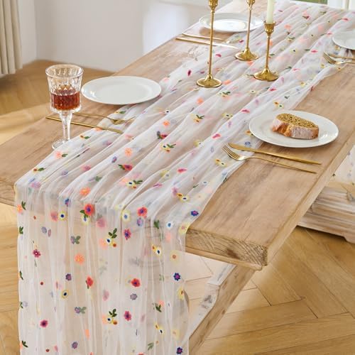 BINBE 1pcs Ivory Daisy Spring Table Runner Embroidery Gauze 10FT Florals Seasonal Tulle Holiday Birthday Kitchen Dining Table Decor for Home Party - Image 2