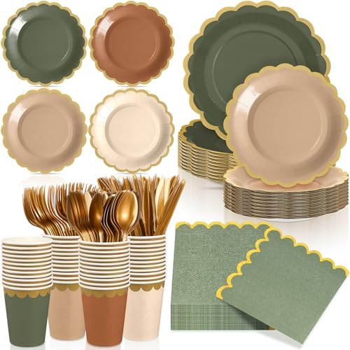 Mimorou 169 Pcs Sage Green and Brown Plates Napkins Cups Flatware Set by Unknown