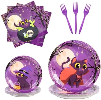 96PCS Halloween Paper Plates and Napkins Halloween Party Plates Cat Plates by BOKFJBP