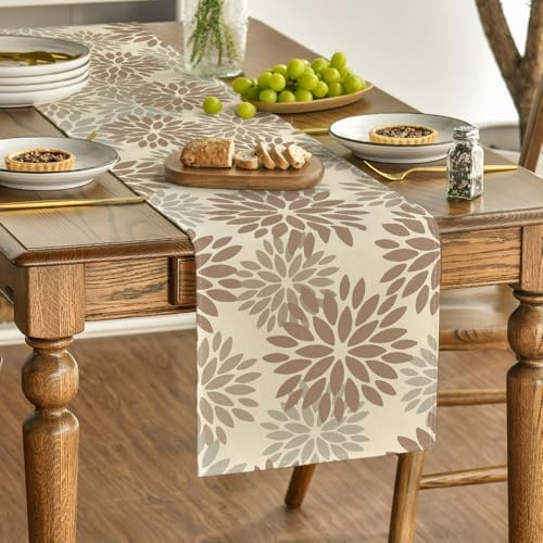 Artoid Mode Brown Gray Dahlia Pinnata Flower Floral Table Runner, Seasonal Holiday Kitchen Dining Table Decoration for Home Party Decor 13x72 Inch - Image 3