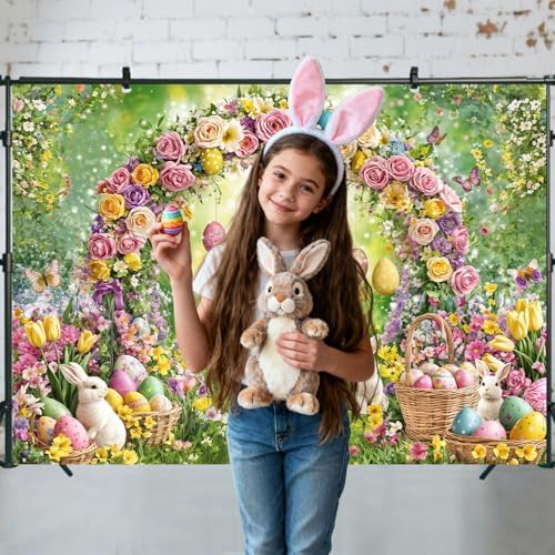 Spring Happy Easter Backdrop, Enchanted Forest Colorful Eggs Rabbit Bunny Floral Butterfly Photography Background, Fairy Tale Wonderland Garden Party Decorations Banner Photo Booth Studio Props 5X3FT - Image 2