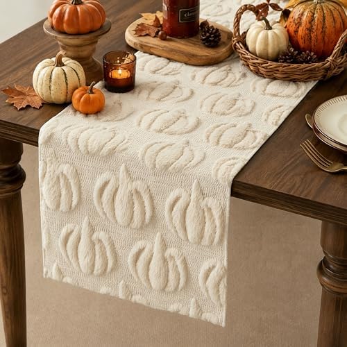 Fall Table Runner 13x72 Inch Soft Plush Faux Fur Jacquard Beige Pumpkin Table Runner, Seasonal Autumn Kitchen Dining Table Decoration for Home Party Decor ZR009A72 - Image 2