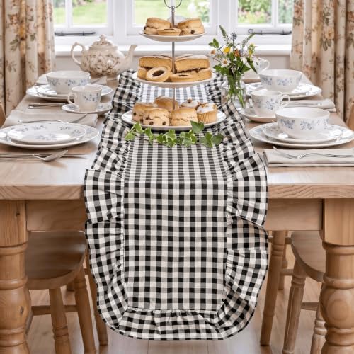 Artoid Mode Black Farmhouse Plaid Gingham Ruffle Table Runner, Seasonal Scalloped Retro Kitchen Dining Table Decoration for Home Party Decor 13x72 Inch - Image 2