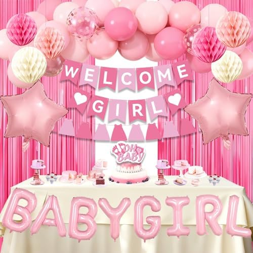 Pink Baby Shower Decorations- Girls Shower Decor Set with- Welcome Baby Banner, Clothes Banner, Fringe Curtains, Cake Topper, Honeycomb Ball, Dusty Pink Balloon and Aluminum foil Balloons (Girl) - Image 6