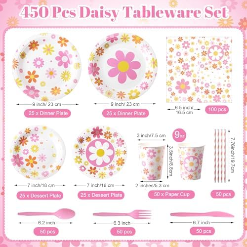 450 Pcs Groovy Daisy Flower Tableware Set, Serve 50, Colorful - Image 3