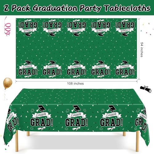 2Pcs Graduation Tablecloth, 108" X 54" Green Graduation Table Decorations 2026, Rectangle Tablecovers for Class 2026 Congrats Grad, Disposable Plastic Tablecover for Grad Decor Party Supplies for Kids - Image 2