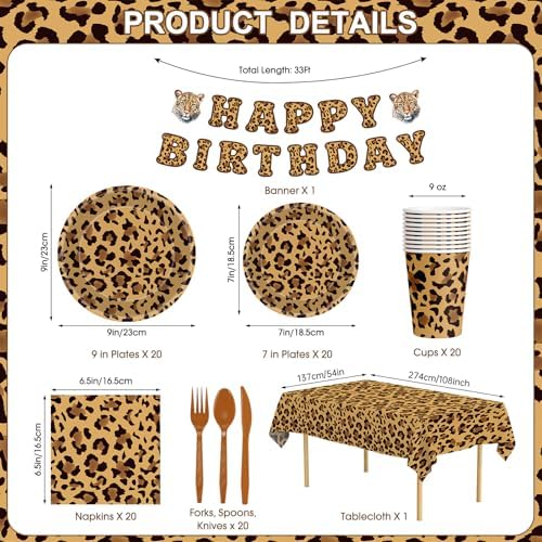 142 Pcs Cheetah Print Birthday Decorations Set - Happy Birthday Banner, Animal Leopard Paper Dinner Plates Napkins Cups, Plastic Tablecloth, Flatware for Cheetah Party Supplies Leopard Birthdays Decor - Image 3