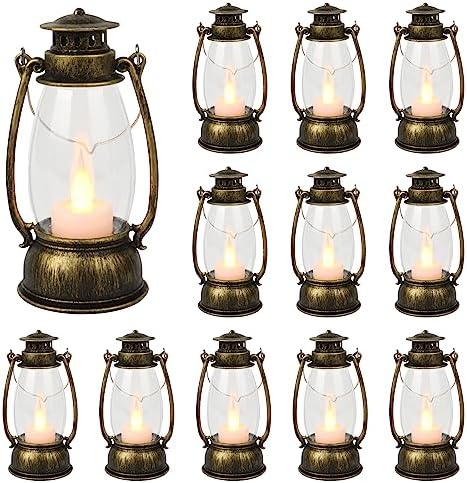 12Pcs Mini Lantern for Halloween Decor, 6Inch Small Lanterns for Western Garden Camping Party Decorations, Vintage Candleholders Table Centerpiece, Forest Christmas Wedding Decorations (Brass) by ReperlaSpecialMiniSmallLanternDecoration