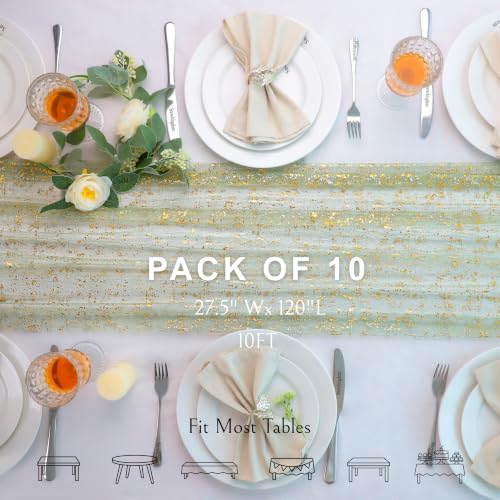 10Pcs Sage Green Gold Table Runner 10Ft Metallic Foil Shimmer Sheer Gauze - Image 2
