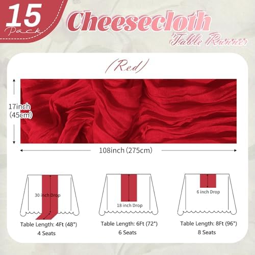 15 Pack Red Cheesecloth Table Runner 17 x 108 inch Cheese Cloth Table Runners 9ft Red Table Runner Rustic Romantic Sheer Gauze Runner for Wedding Party Baby Shower Table Decoration - Image 2