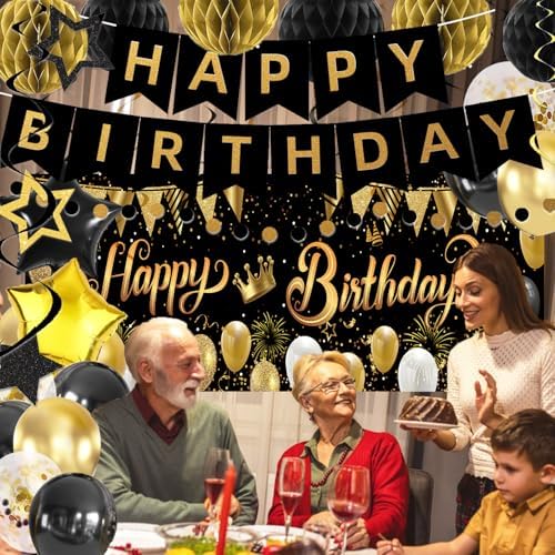 Gold Black Birthday Decorations, Happy Birthday Banner, Backdrop, Balloons, Honeycomb Balls, Star Foil Balloons, Stars Hanging Swirls & Cake Topper for Baby Boys Girl Men Women Birthday Decoration - Image 4