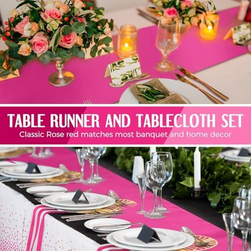 Breling 8 Pack White and Hot Pink Tablecloths and Satin Runners Set - Image 4