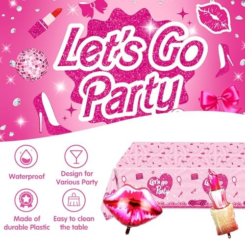 Hot Pink Party Decorations For Girls,Banner,Pink Balloons,Tablecloth,Paper pom poms Party Supplies for Women - Image 4