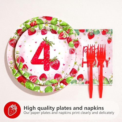 Grencian 96Pcs Strawberry 4th Birthday Party Decoration, Serve 24 - Image 2