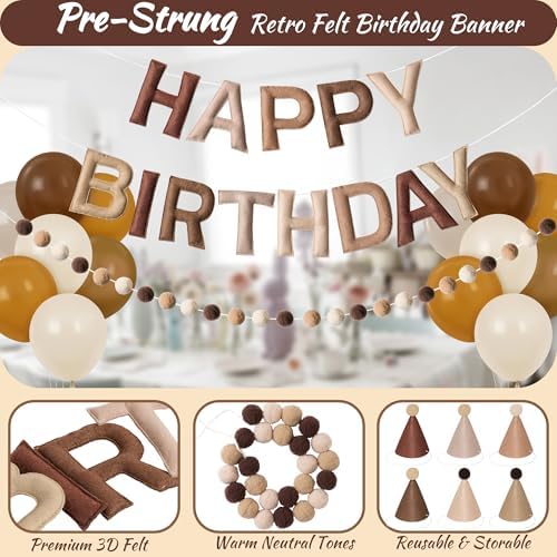Kriyokiaa Retro Brown Happy Birthday Banner Set with Party Hats - Image 3